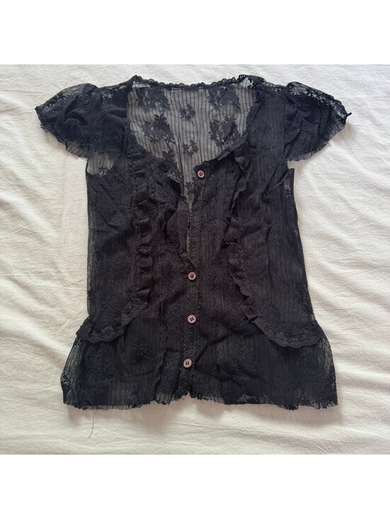 Tops - Y2K Black Sheer Floral Lace Ruffle Top Coquette Grunge Mesh Button Up Blouse XS